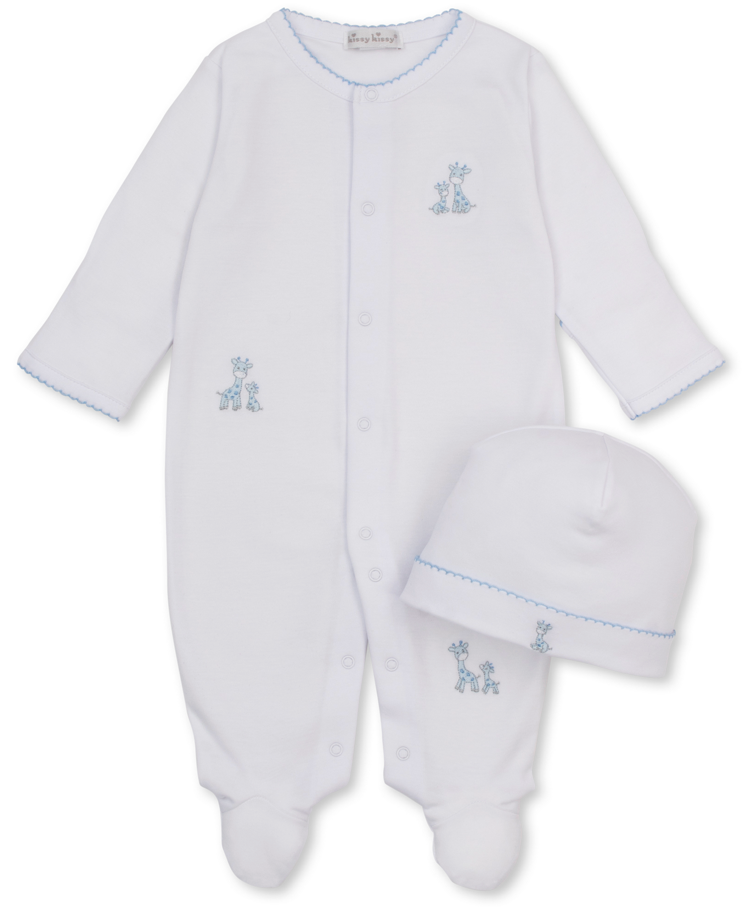 Dress your little one in the Kissy Kissy Baby Just Giraffes Footie with Hat Set, featuring a white Pima cotton footie with blue trim and adorable blue embroidered giraffes. The coordinating white hat showcases matching blue stitching and charming giraffe embroidery for a sweet, cohesive look. Expertly crafted from luxurious, ultra-soft Pima cotton, this gentle giraffe-themed set delivers comfort and style for your baby.