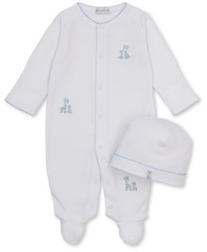 Dress your little one in the Kissy Kissy Baby Just Giraffes Footie with Hat Set, featuring a white Pima cotton footie with blue trim and adorable blue embroidered giraffes. The coordinating white hat showcases matching blue stitching and charming giraffe embroidery for a sweet, cohesive look. Expertly crafted from luxurious, ultra-soft Pima cotton, this gentle giraffe-themed set delivers comfort and style for your baby.