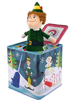 The Elf Jack-in-the-Box by Kids Preferred features a plush elf that pops out of a festive box decorated with candy canes, snowmen, a narwhal, and holiday art—a whimsical Christmas toy inspired by Buddy the Elf.