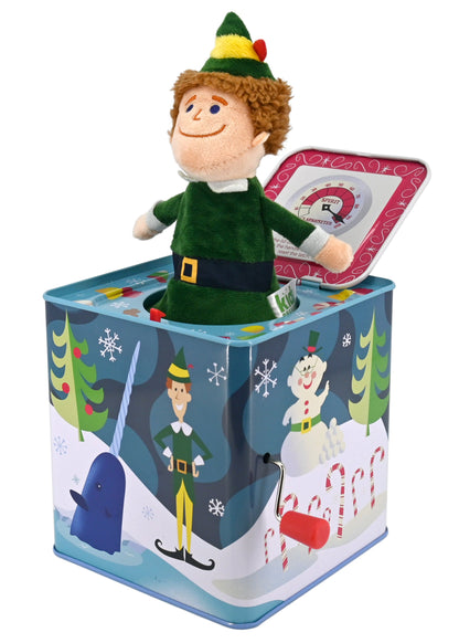The Elf Jack-in-the-Box by Kids Preferred features a plush elf that pops out of a festive box decorated with candy canes, snowmen, a narwhal, and holiday art—a whimsical Christmas toy inspired by Buddy the Elf.