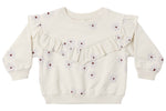 The Quincy Mae Baby Girls’ and Girls’ Ruffle Fleece Sweatshirt is a cream-colored long-sleeve fleece featuring a purple flower print and an adorable ruffle V-detail across the chest and shoulders. This cozy sweatshirt blends playful style with soft, all-day comfort for toddlers.