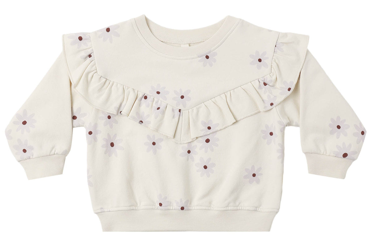 The Quincy Mae Baby Girls’ and Girls’ Ruffle Fleece Sweatshirt is a cream-colored long-sleeve fleece featuring a purple flower print and an adorable ruffle V-detail across the chest and shoulders. This cozy sweatshirt blends playful style with soft, all-day comfort for toddlers.