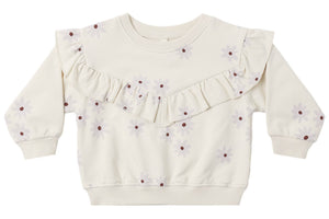 The Quincy Mae Baby Girls’ and Girls’ Ruffle Fleece Sweatshirt is a cream-colored long-sleeve fleece featuring a purple flower print and an adorable ruffle V-detail across the chest and shoulders. This cozy sweatshirt blends playful style with soft, all-day comfort for toddlers.