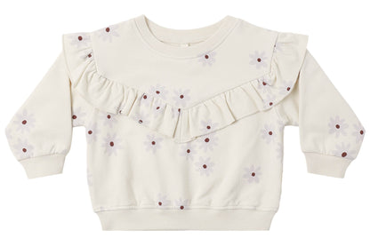 The Quincy Mae Baby Girls’ and Girls’ Ruffle Fleece Sweatshirt is a cream-colored long-sleeve fleece featuring a purple flower print and an adorable ruffle V-detail across the chest and shoulders. This cozy sweatshirt blends playful style with soft, all-day comfort for toddlers.