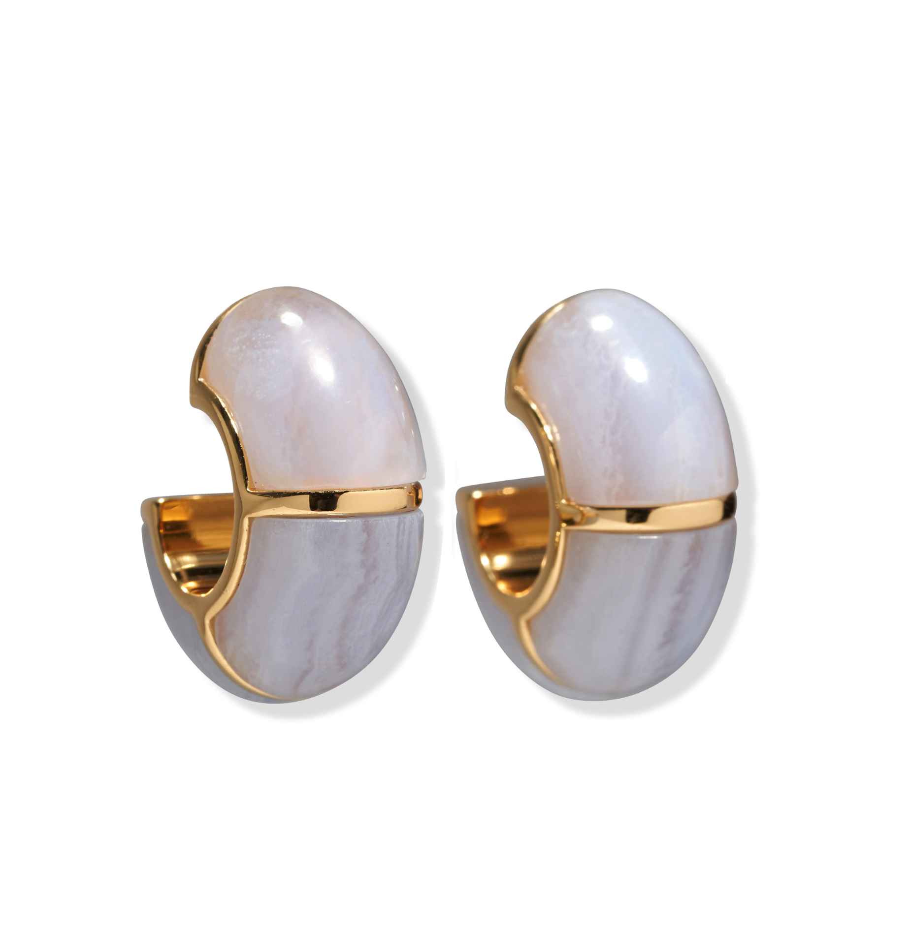 The Zellige Hoops by Lizzie Fortunato are gold-plated brass half-hoop earrings with a glossy, marble-like finish inspired by glazed Zellige tiles, shown against a white background.