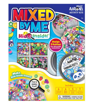 Crazy Aarons Hide Inside Mixed by Me Kit, offering vibrant charm pieces, tins, and design tools for crafting customized putty made from non-toxic silicone.