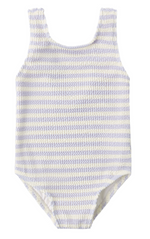 The Rylee & Cru Baby Girls' and Girls' Moxie One-Piece is a sleeveless swimsuit in a light yellow and lavender check pattern, made from textured fabric, and offers UPF 50+ sun protection.