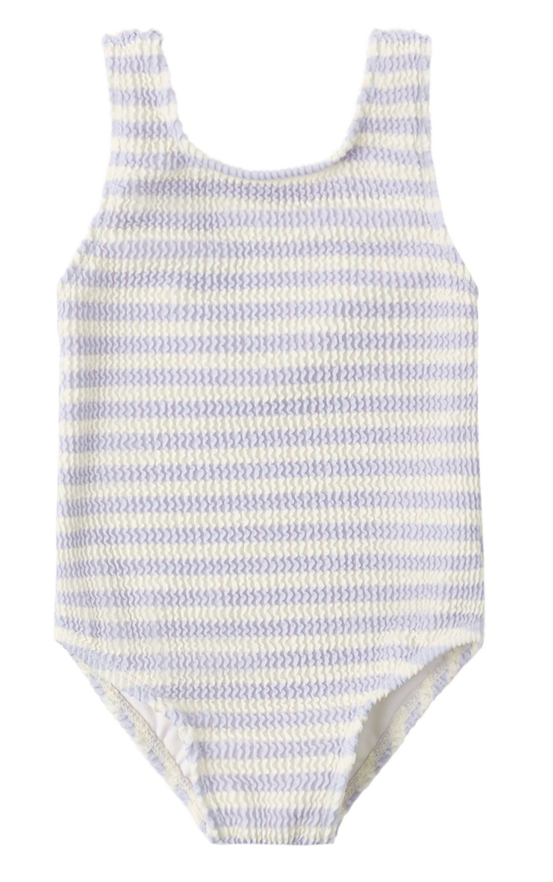 The Rylee & Cru Baby Girls' and Girls' Moxie One-Piece is a sleeveless swimsuit in a light yellow and lavender check pattern, made from textured fabric, and offers UPF 50+ sun protection.