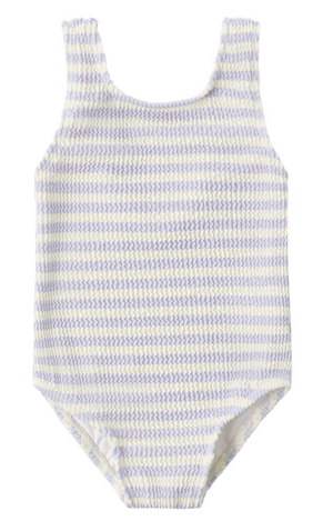 The Rylee & Cru Baby Girls' and Girls' Moxie One-Piece is a sleeveless swimsuit in a light yellow and lavender check pattern, made from textured fabric, and offers UPF 50+ sun protection.