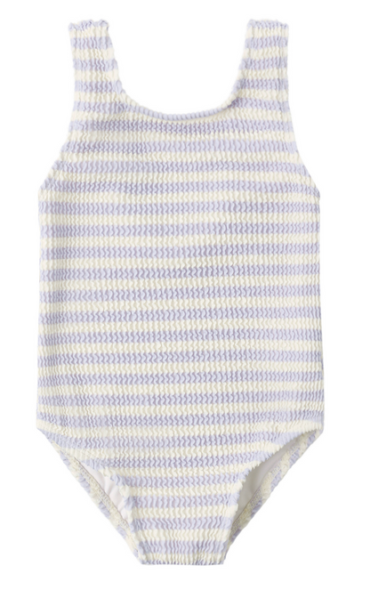 The Rylee & Cru Baby Girls' and Girls' Moxie One-Piece is a sleeveless swimsuit in a light yellow and lavender check pattern, made from textured fabric, and offers UPF 50+ sun protection.