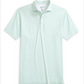 The Johnnie-O Michael Polo, a light green and white striped short-sleeve polo shirt featuring a collar and three-button placket, made from moisture-wicking fabric, is shown laid flat on a white background.