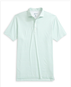The Johnnie-O Michael Polo, a light green and white striped short-sleeve polo shirt featuring a collar and three-button placket, made from moisture-wicking fabric, is shown laid flat on a white background.