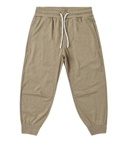 Rylee & Cru Boys’ Century Tech Jogger in beige, showcasing a relaxed fit with an elastic waistband, white drawstring, and side pockets, displayed flat on a white background.
