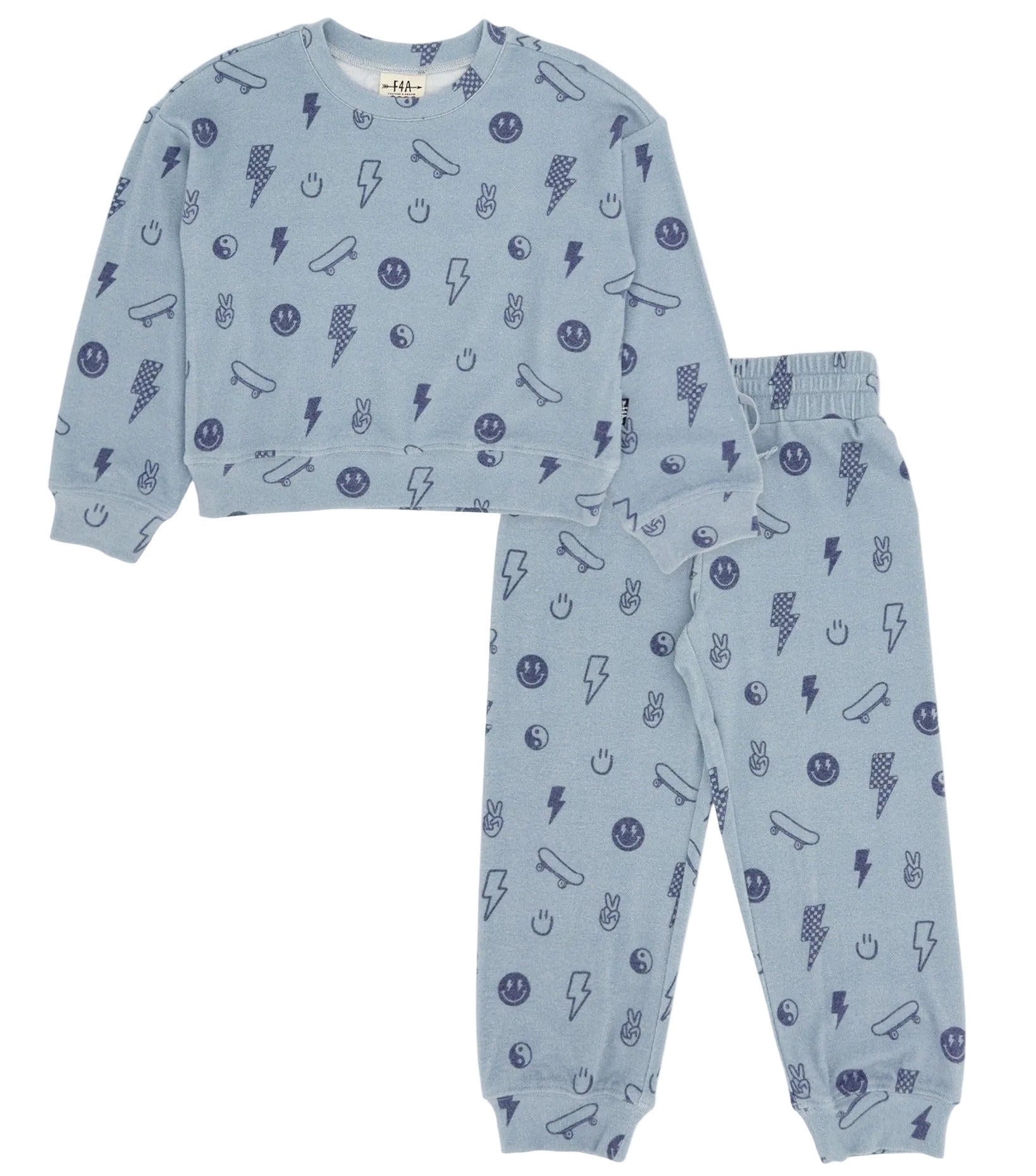 The Feather 4 Arrow Baby Boys’ and Boys’ Icon Hacci Set is a blue children’s pajama set featuring long sleeves and pants, crafted from soft hacci fabric. Decorated with dark blue smiley faces, lightning bolts, ice cream cones, and animal faces, this cozy top and bottom set is perfect for kids’ loungewear.