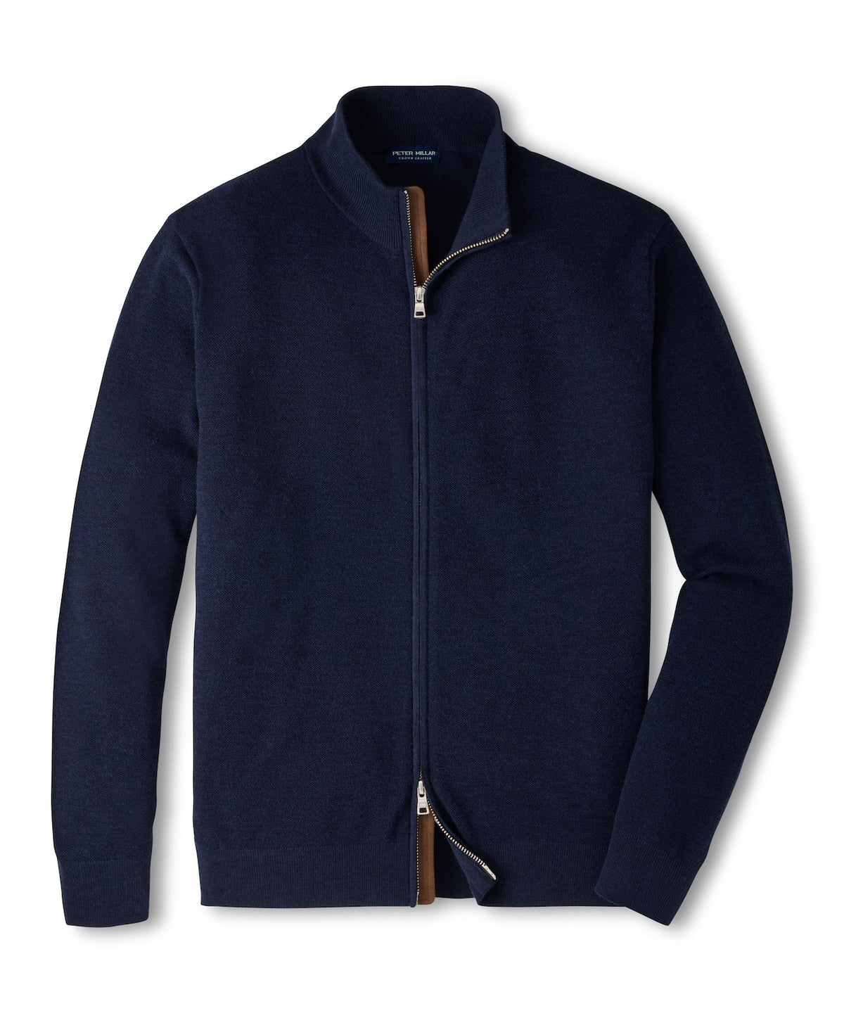 Peter Millar Excursionist Flex Full Zip Sweater in navy blue merino wool with a stand-up collar and tan trim along the zipper.