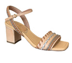 The Ulla Johnson Sofia Sandal by Ulla Johnson is a beige mid-heel block-heeled sandal, featuring an ankle strap and woven detailing on the vegetable-tanned leather strap over the toes.