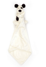 A black and cream JC Bashful Black & Cream Puppy Soother baby security blanket.