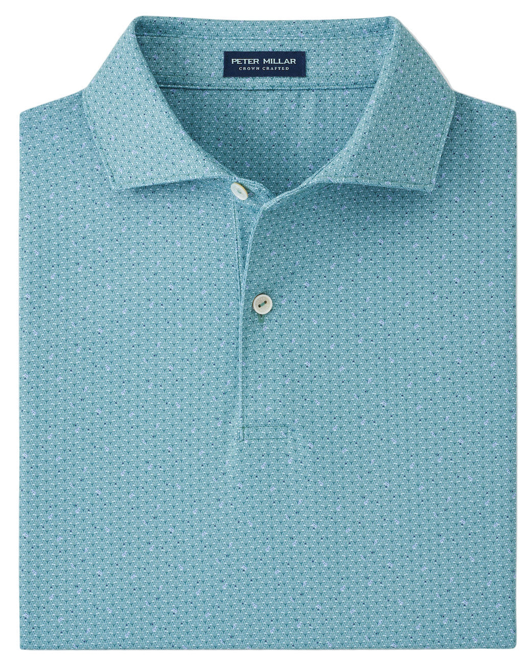 The Peter Millar Corinth Performance Jersey Polo in light blue features a subtle dotted pattern, two white buttons, and four-way stretch for all-day comfort.