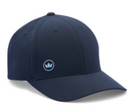 The Peter Millar Off Set Crown Seal Performance Hat is navy blue with a small light blue crown logo on the front left panel and made from lightweight, moisture-wicking fabric for comfort.