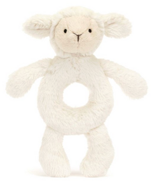 Introducing the Jellycat Bashful Lamb Ring Rattle by Jellycat, a soft, plush toy made from recycled fibers. With its ring-shaped body, two legs, arms, and a smiling face, this white and fuzzy delight also doubles as a gentle baby rattle.