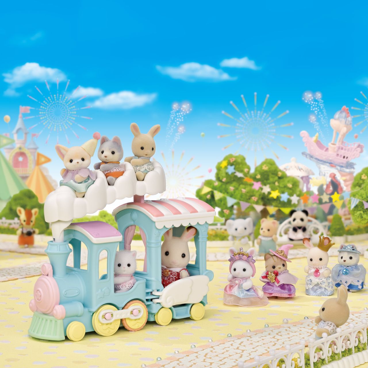 Calico Critters animal figures enjoy a fun-filled day outdoors as they ride the Floating Cloud Rainbow Train, surrounded by sparkling fireworks and other adorable animal friends in a whimsical amusement park scene.