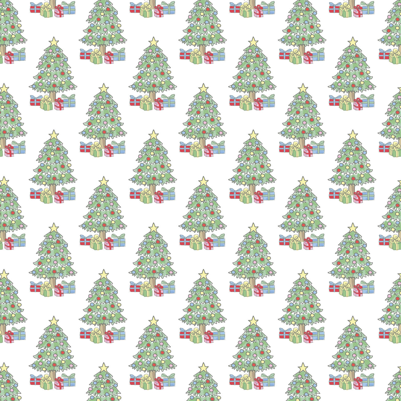 Festive Christmas tree pattern with stars and presents on a white background, perfect for the Lila & Hayes Kids' Grayson Pajama Pant Set.