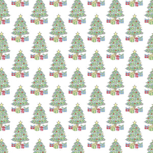 Festive Christmas tree pattern with stars and presents on a white background, perfect for the Lila & Hayes Kids' Grayson Pajama Pant Set.