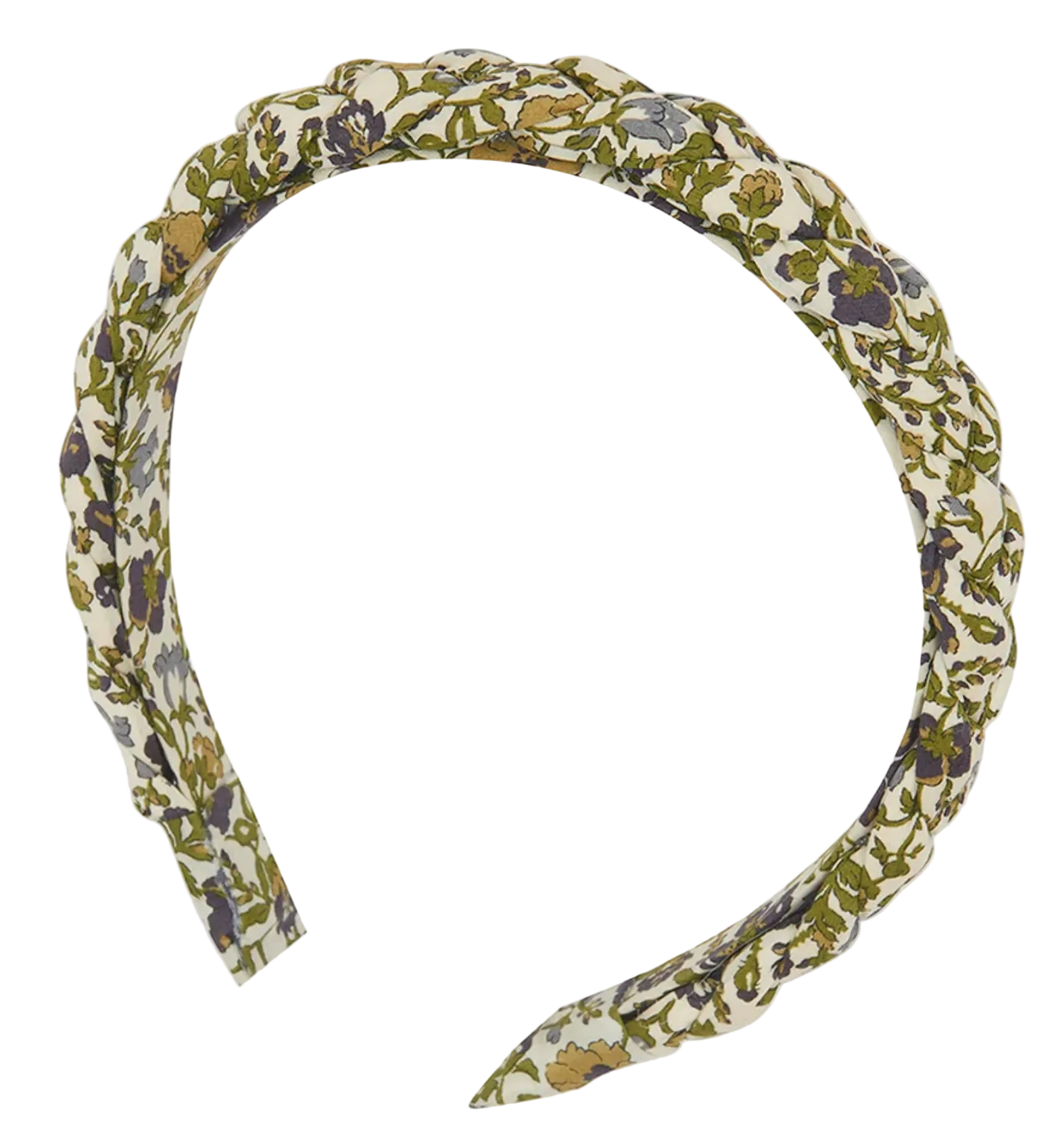 The Liberty Print Braid Headband by Tartine et Chocolat features a fabric-covered design with a scalloped edge and showcases a green, yellow, and purple floral pattern on a white background.