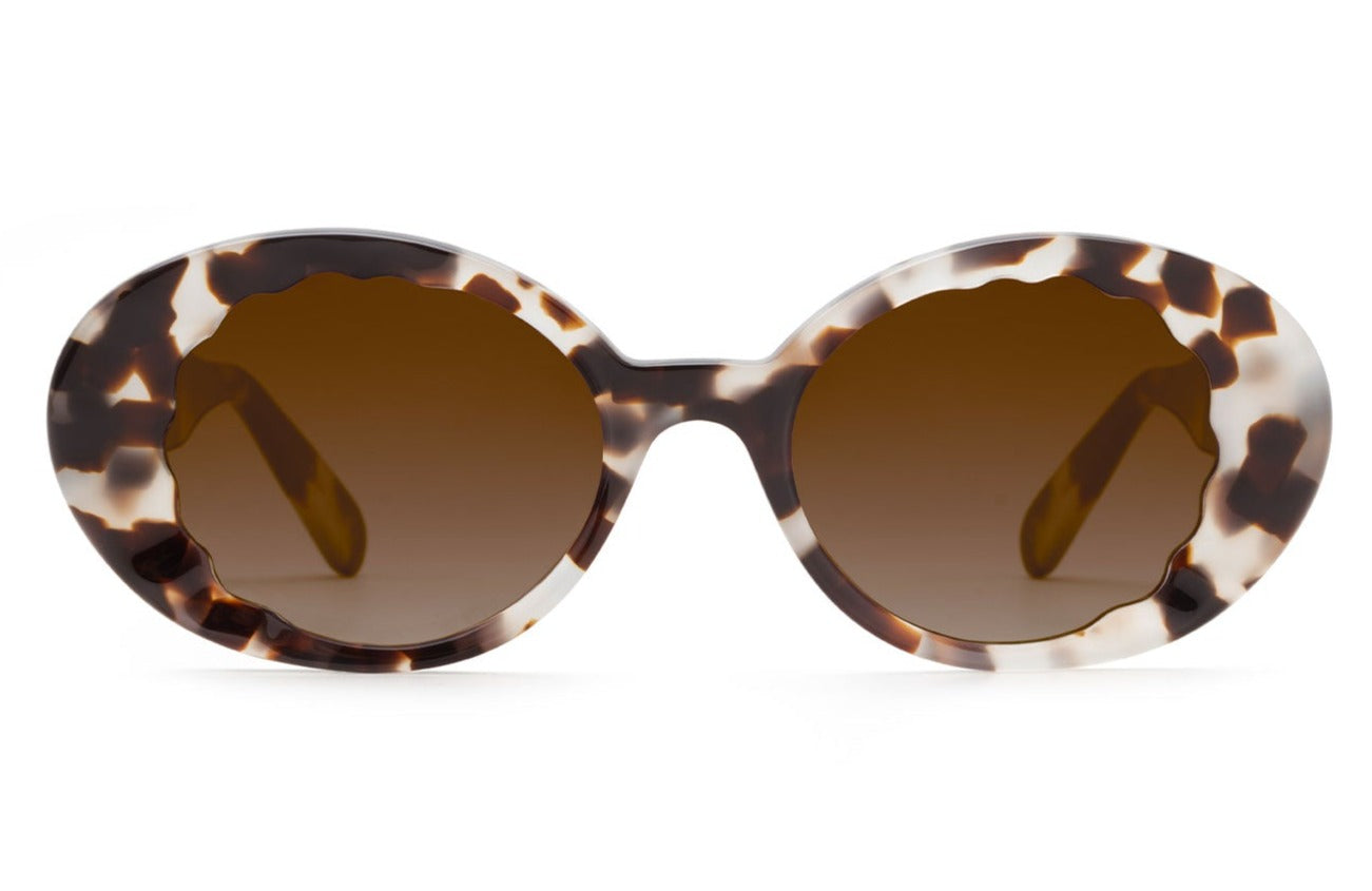 A pair of Krewe Alixe Sunglasses in Malt with a handcrafted acetate tortoiseshell frame and brown gradient lenses, isolated on a white background.