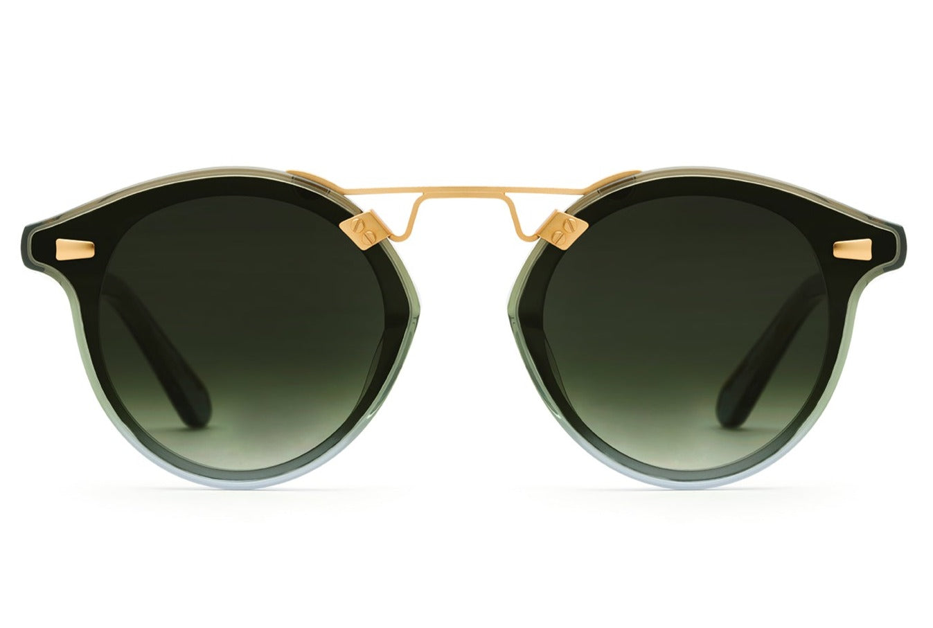 The Krewe STL Nylon Sunglasses combine luxury acetate frames with round, polarized nylon lenses and are accented by 24K gold-plated hardware on the bridge and temples for an elegant touch.