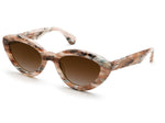 A pair of fashionable Krewe Sasha Sunglasses with a marbled acetate frame in shades of beige, brown, and white, featuring dark tinted lenses and offering complete UVA and UVB protection.