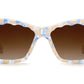 The Krewe Brigitte Sunglasses by Krewe feature a stylish cat-eye design with a multicolored checkered frame in light blue, beige, and white. The brown-tinted lenses provide UVA / UVB protection for your eyes.