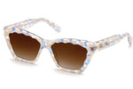 The Krewe Brigitte Sunglasses feature a rectangular luxury design with a checkered frame in blue, beige, and cream colors. The dark brown tinted lenses provide UVA/UVB protection.