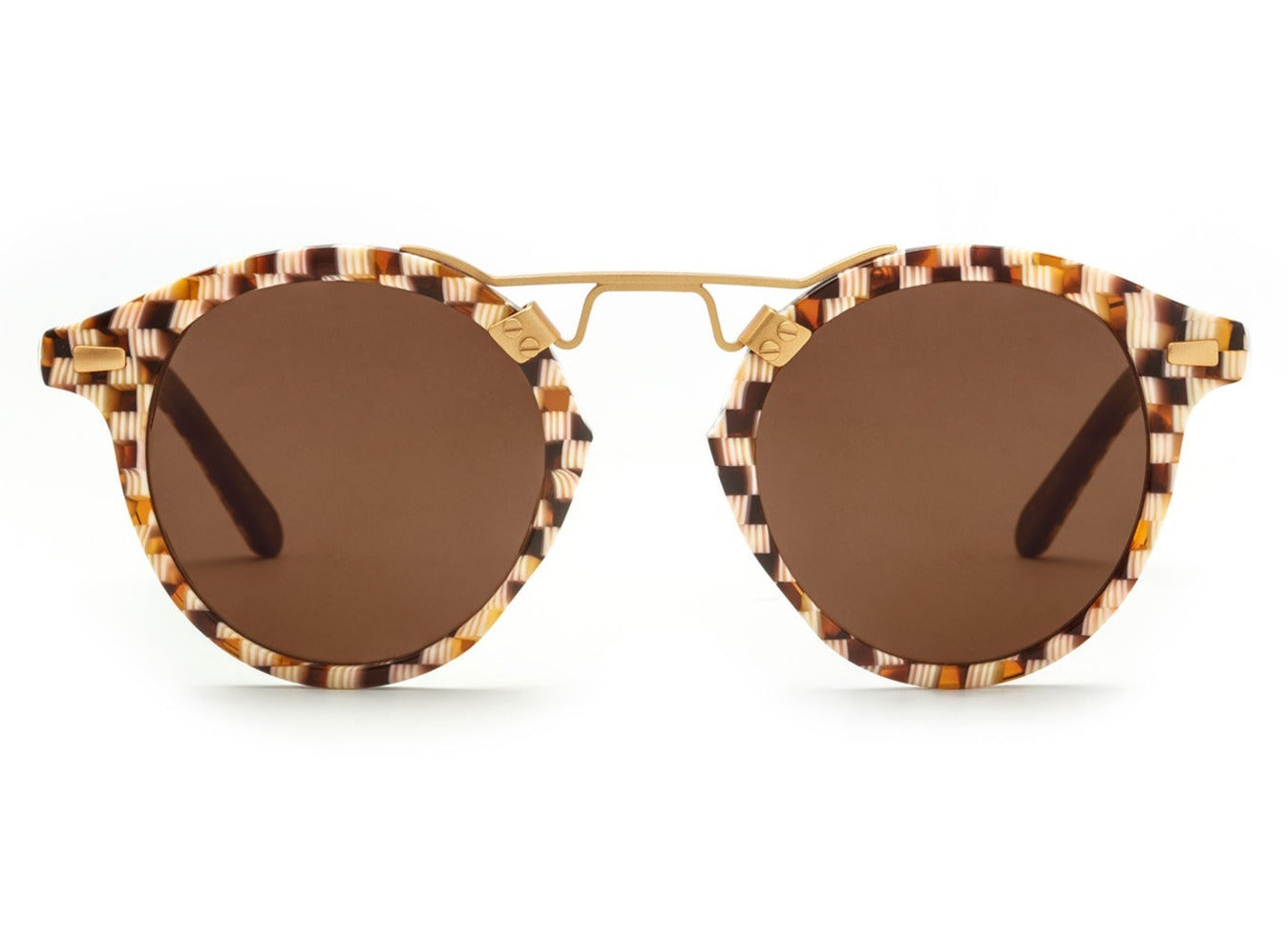 Krewe St Louis Sunglasses by Krewe boast a chic, handcrafted frame adorned with brown, beige, and orange stripes, complemented by dark lenses.