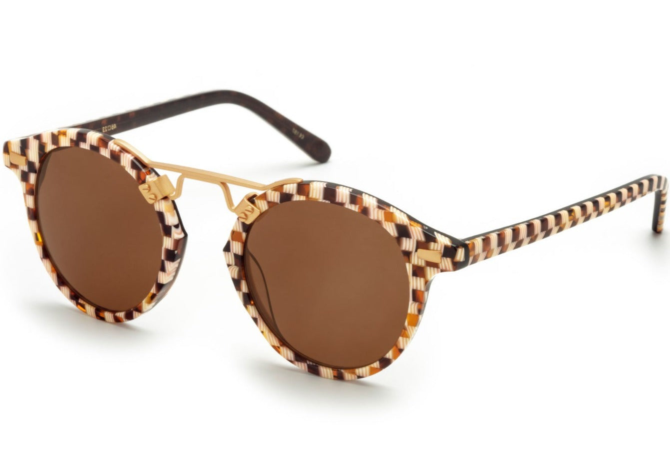 Krewe St Louis Sunglasses with round frames feature a handcrafted brown checkered design, a 24K gold-plated nose bridge, and brown lenses.