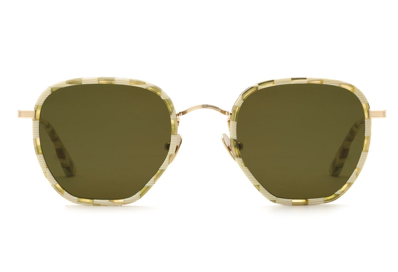 Krewe Pascal Sunglasses feature square, olive green lenses with stylish white striped acetate frames, providing 100% UVA and UVB protection.