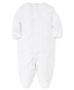 White Kissy Kissy Premier Basics Footie with long sleeves and enclosed feet, featuring a front zipper and a delicate trim around the neckline for easy changing.