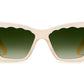 Krewe Brigitte luxury acetate sunglasses with green tinted lenses on a white background, featuring 100% UVA / UVB protection.