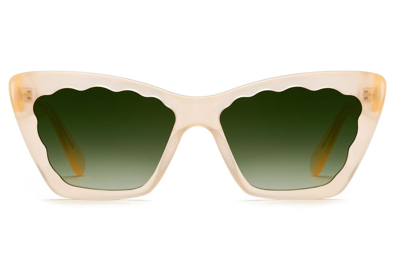 Krewe Brigitte luxury acetate sunglasses with green tinted lenses on a white background, featuring 100% UVA / UVB protection.