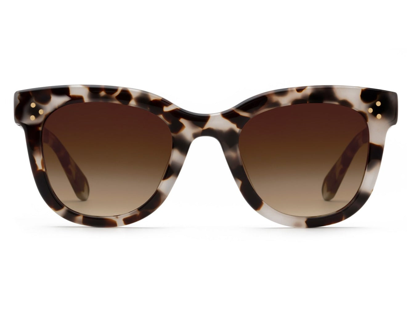 Luxury Krewe Jena tortoiseshell-patterned acetate sunglasses with brown gradient lenses offering UVA / UVB protection on a white background.