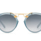 Front view of Krewe St Louis Mirrored Sunglasses by Krewe, featuring luxury acetate round blue frames, a 24K gold plated nose bridge, and gradient lenses that offer UVA / UVB protection, displayed on a white background.