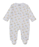 The Kissy Kissy Baby Duck Pond Paddles Printed Zip Footie is a white baby onesie with a zip front, featuring an all-over duck print and small pastel-colored animals.