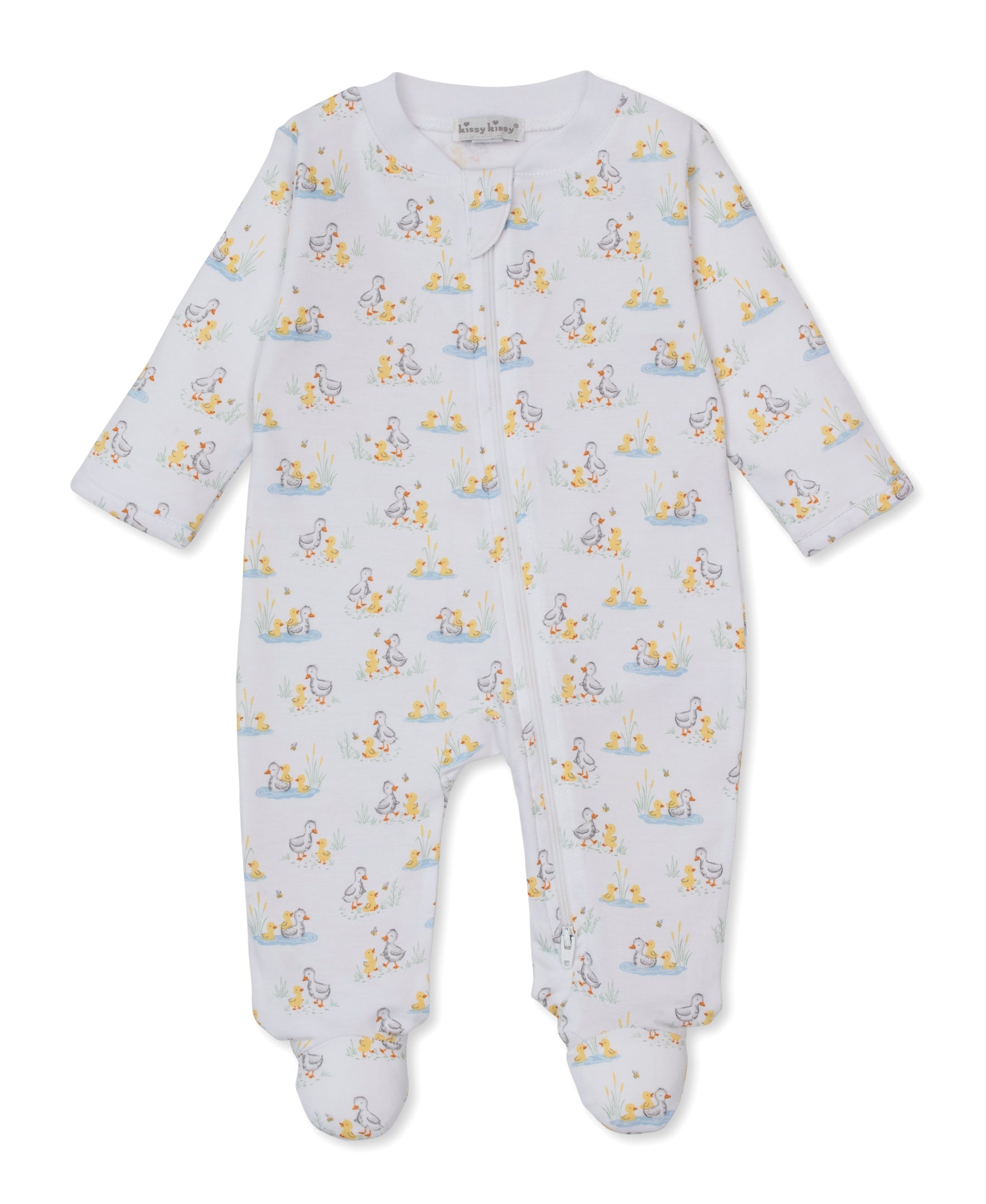 The Kissy Kissy Baby Duck Pond Paddles Printed Zip Footie is a white baby onesie with a zip front, featuring an all-over duck print and small pastel-colored animals.