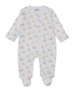 The Kissy Kissy Baby Duck Pond Paddles Printed Zip Footie is a white baby onesie with a zip front, featuring an all-over duck print and small pastel-colored animals.