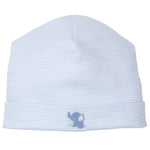 The Baby Striped Jungle Mates Hat by Kissy Kissy is a cozy beanie crafted from soft Pima cotton, featuring white and light blue stripes and a small embroidered blue elephant design, perfect for your baby.