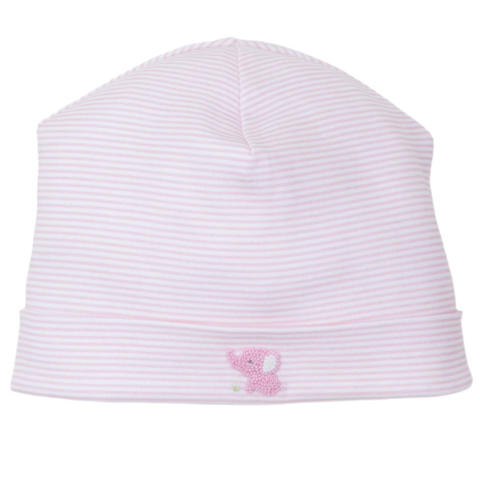 The Kissy Kissy Baby Striped Jungle Mates Hat is a charming pink and white striped baby hat made from soft Pima cotton, accented with a small pink flower design at the front.