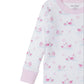 The Kissy Kissy Baby Girls' Swan Sanctuary Pajama Set features a white long-sleeve top with pink cuffs, decorated with charming pink swans and hearts. Made from luxury Pima cotton, it's ideal for cozy comfort and sweet dreams.