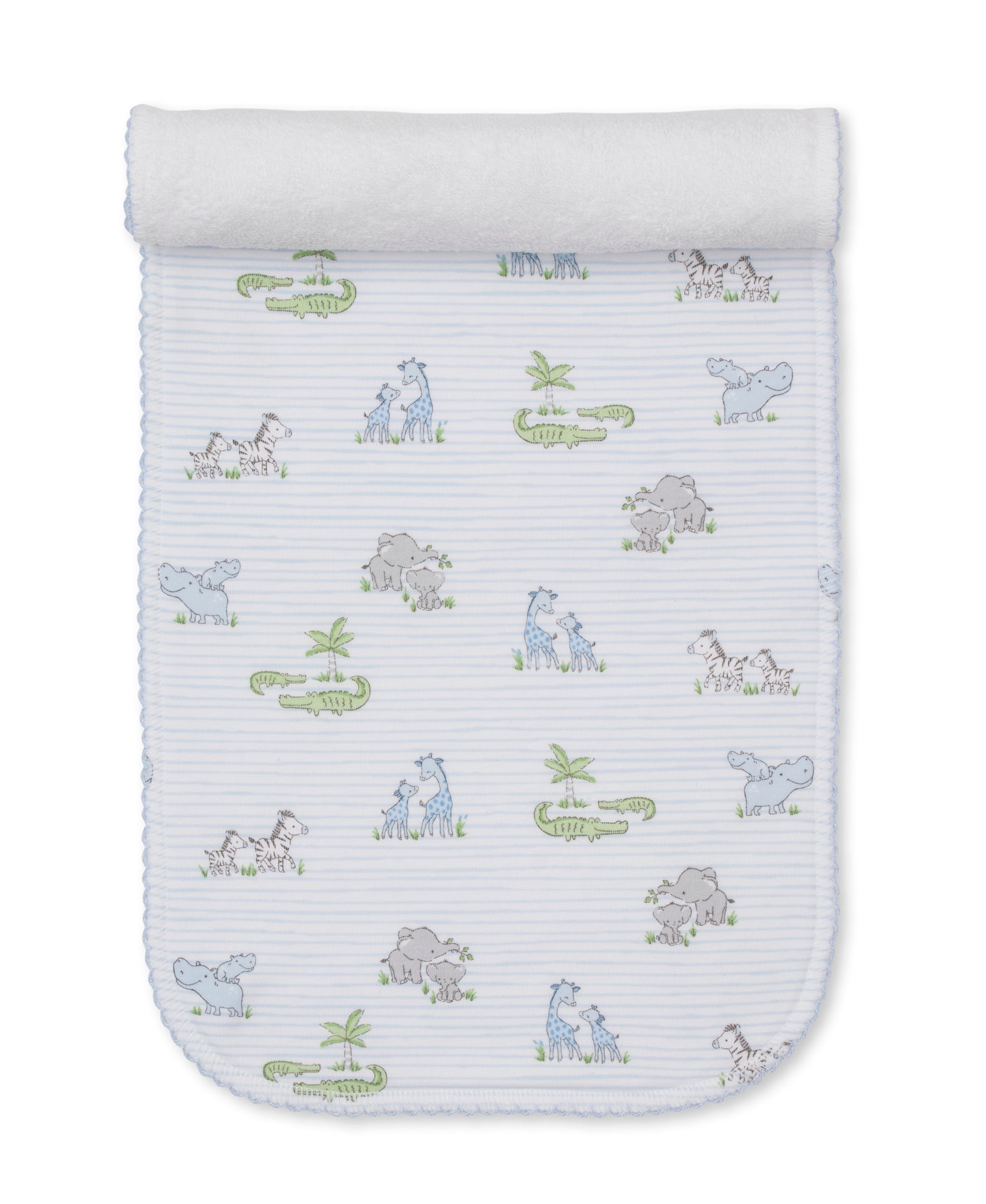 The Safari Party Burp Cloth by Kissy Kissy is a white baby burp cloth crafted from soft Pima cotton, featuring a light blue stripe design and an adorable animal pattern with giraffes, hippos, zebras, crocodiles, and palm trees.