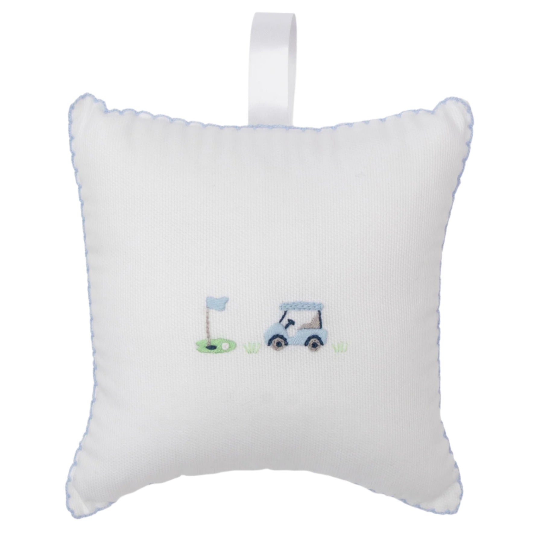 The Kissy Kissy Fairway Foursome Musical Pillow, a white decorative pillow with blue trim and embroidered golf cart and flag design, adds a playful touch to any space. Pair it with a stylish tulle bag for the perfect ensemble.