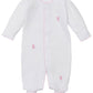 The Kissy Kissy Baby Teddy Bear Time Footie with Hand Emb. is made from white Pima cotton, featuring long sleeves, pink trim, and hand-embroidered teddy bears on the chest, leg, and foot.